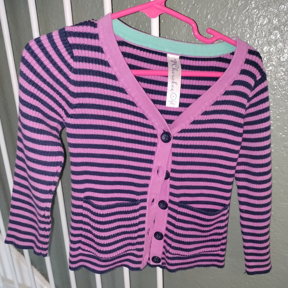 Girls Size 2T Cherokee Long Sleeve Button Up Purple Striped Sweater Cardigan